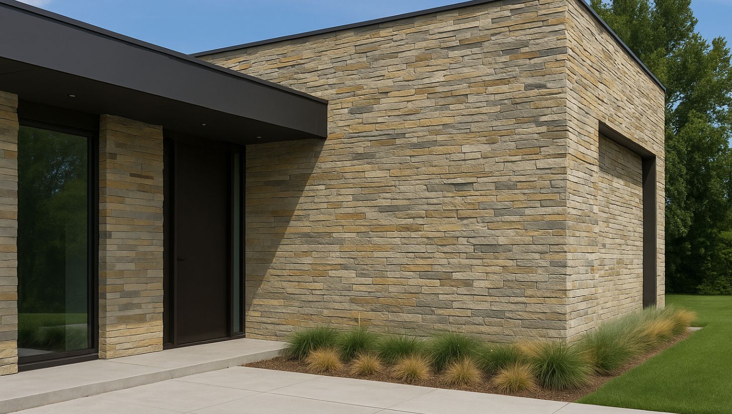modern exterior facade with natural stone cladding in sleek geometric patterns
